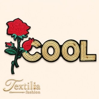 Термоапликация COOL с Червена Роза и Златни Пайети 23x14cm Термоапликация COOL с Червена Роза и Златни Пайети 23x14cm
