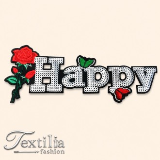 Термотрансферен мотив “Happy” с бродерия, пайети, роза и пеперуди – 23,5 x 10,5 cm Термотрансферен мотив “Happy” с бродерия, пайети, роза и пеперуди – 23,5 x 10,5 cm